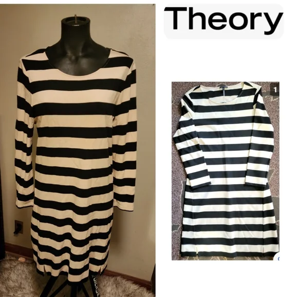Theory Black/Cream Stripe Three Quarter Sleeve Crew Neck Stretch Dress. Sz Med - Picture 1 of 5